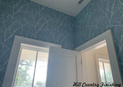 blue gray floral wallpaper installation